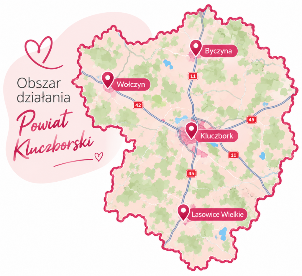 Mapa obszaru działania położnej Karoliny Dragon – powiat kluczborski