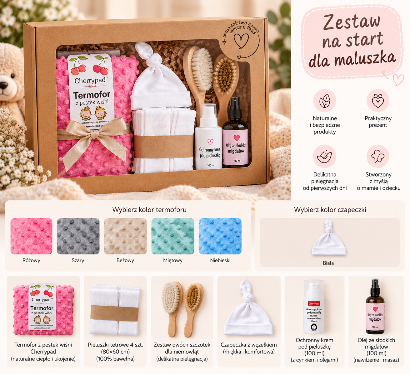 Zestaw prezentowy dla noworodka BORNBOX – termofor, pieluszki i kosmetyki